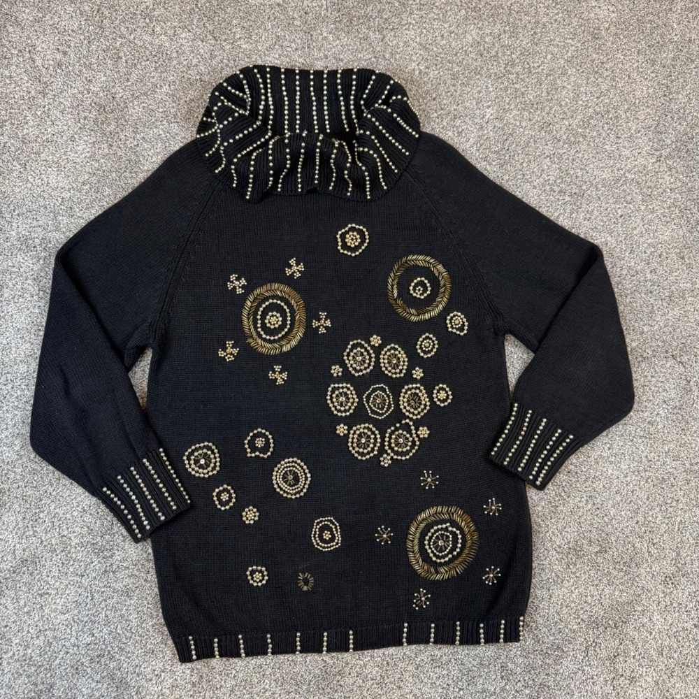 Victoria Harbour Vintage Black Beaded Turtleneck Sweater Ramie Cotton Blend M